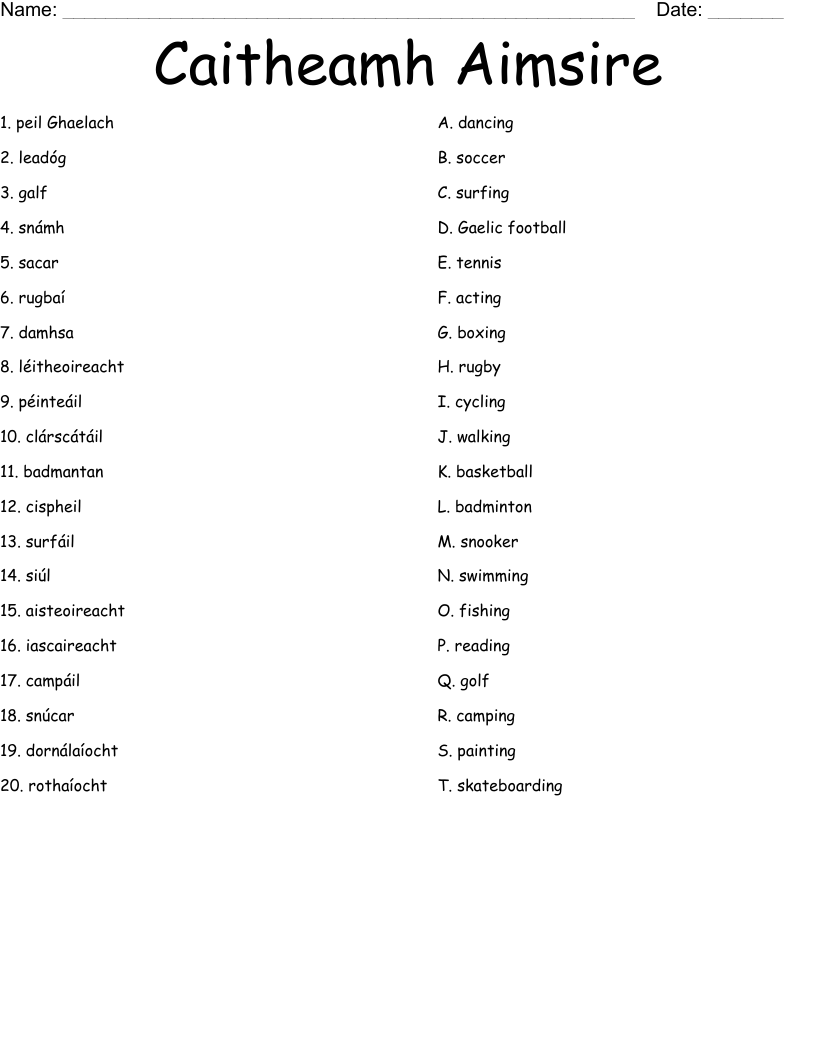 Caitheamh Aimsire Worksheet