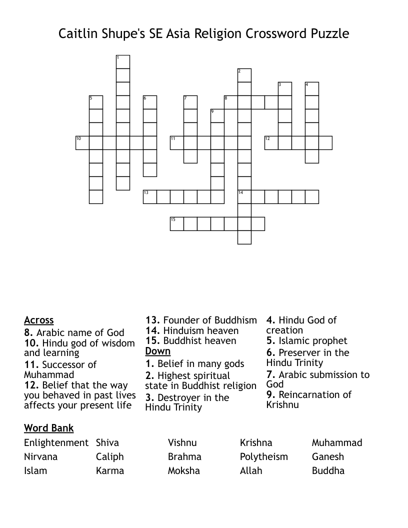 Caitlin Shupe's SE Asia Religion Crossword Puzzle        