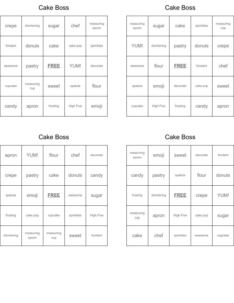 Cake Boss Bingo Cards