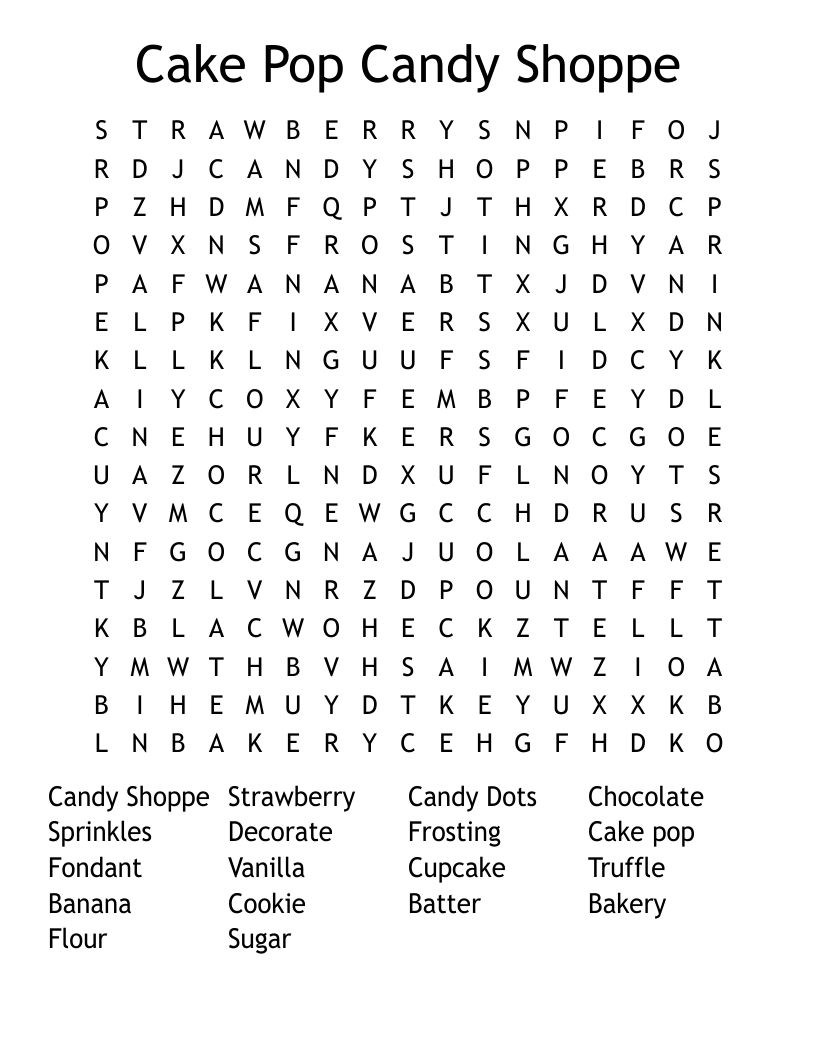 Cake Pop Candy Shoppe Word Search