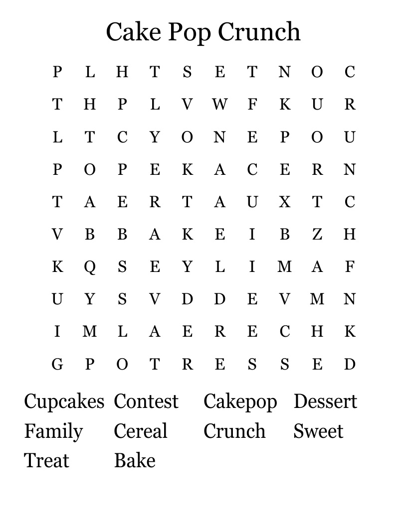 Cake Pop Crunch Word Search