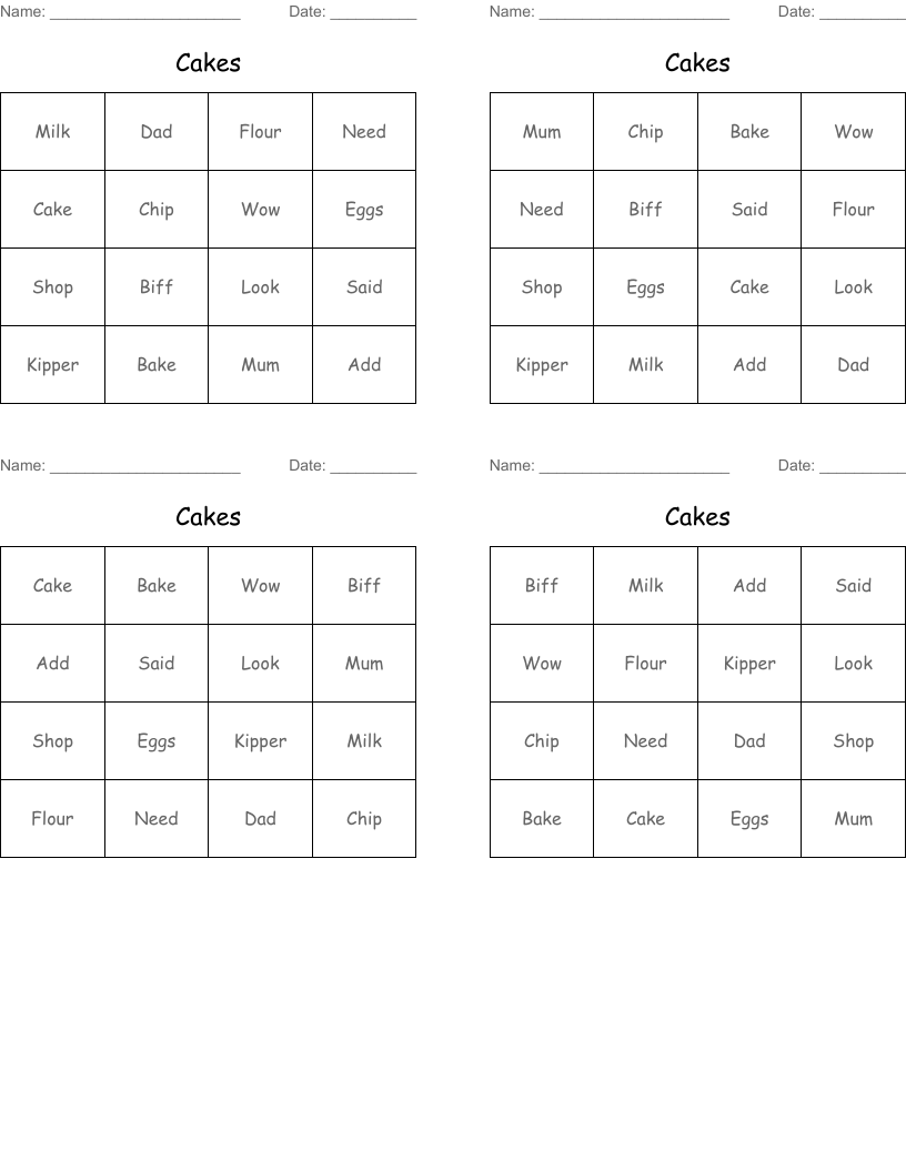 Cakes Bingo Cards