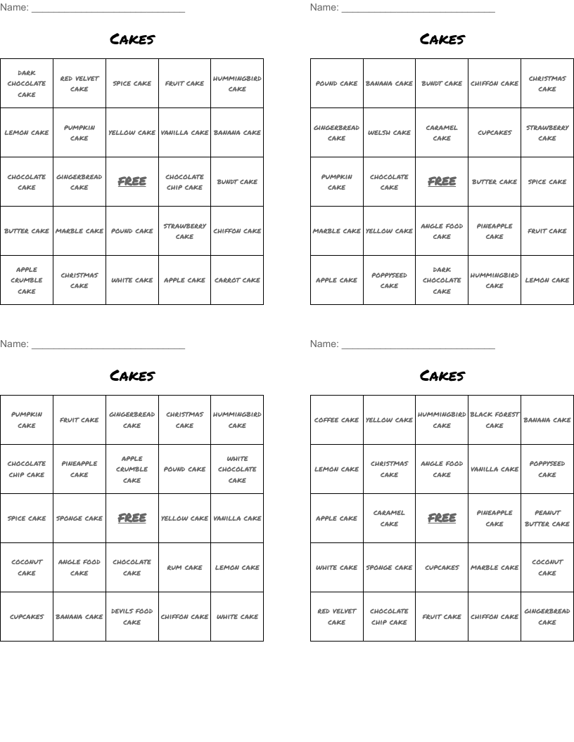 Cakes Bingo Cards