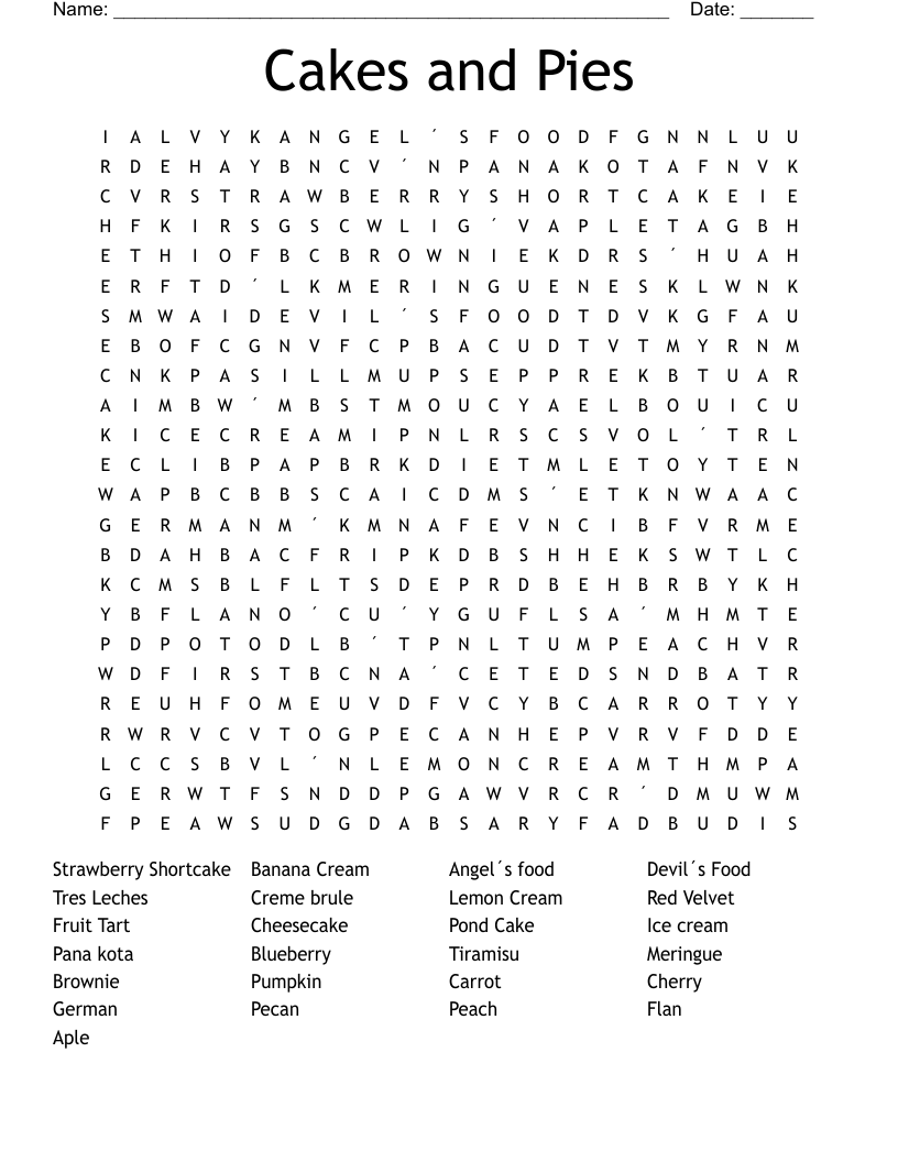 Cakes and Pies Word Search