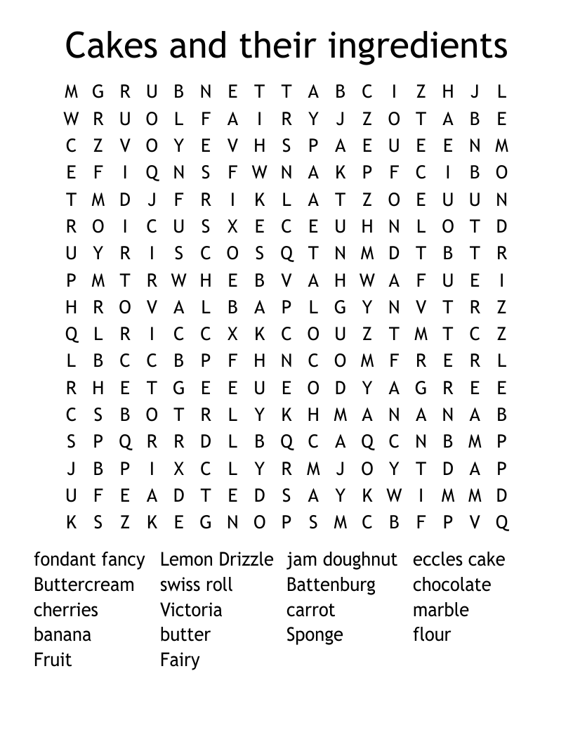 Cakes and their ingredients Word Search