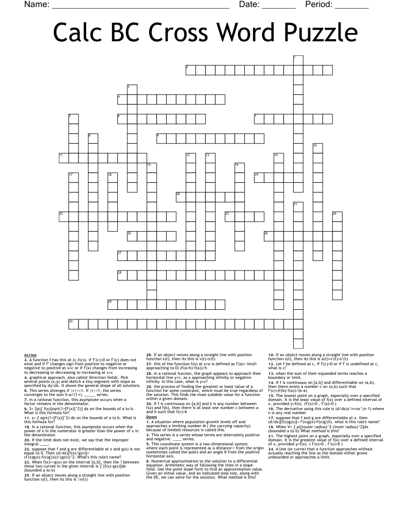 Calc BC Cross Word Puzzle 