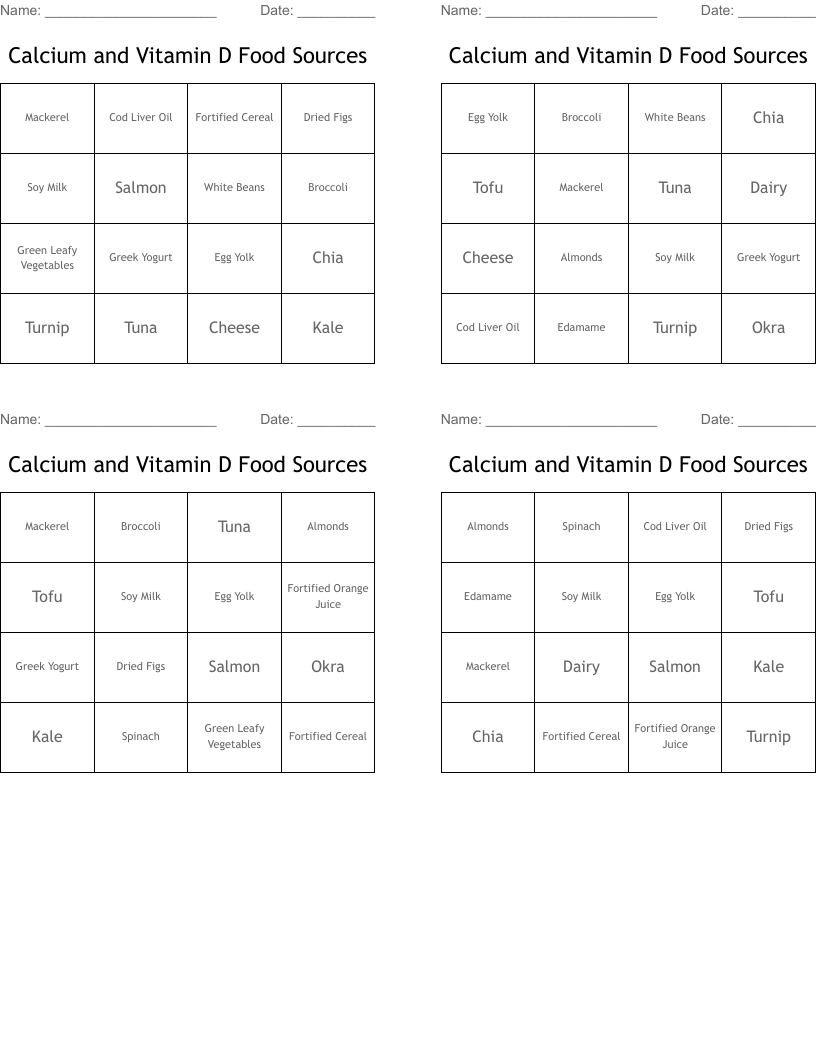 Calcium and Vitamin D Food Sources Bingo Cards