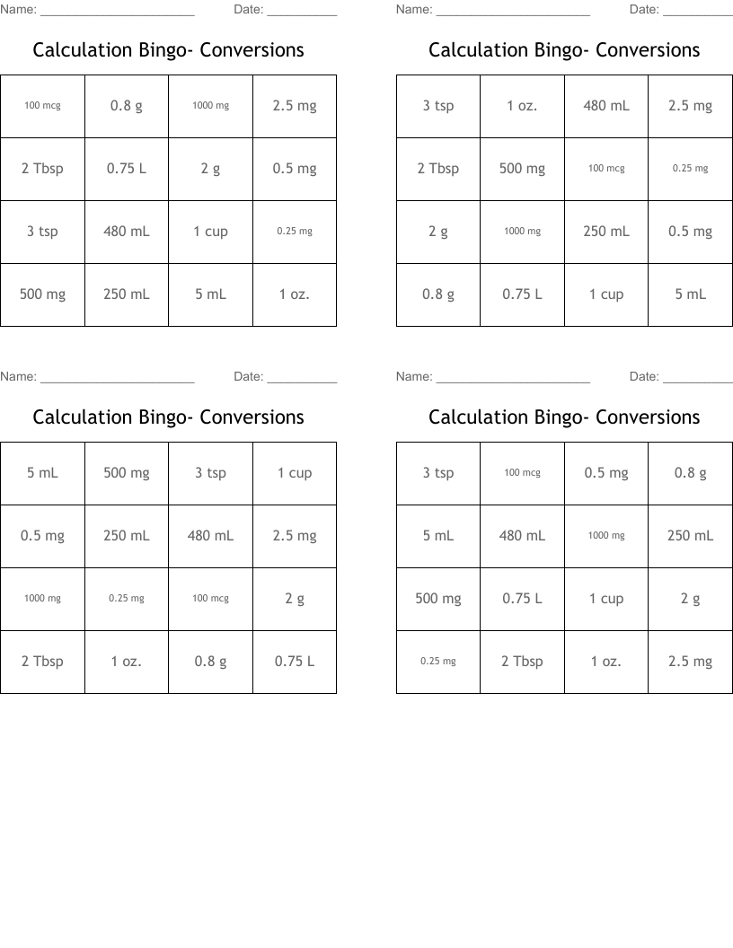 Calculation Bingo- Conversions