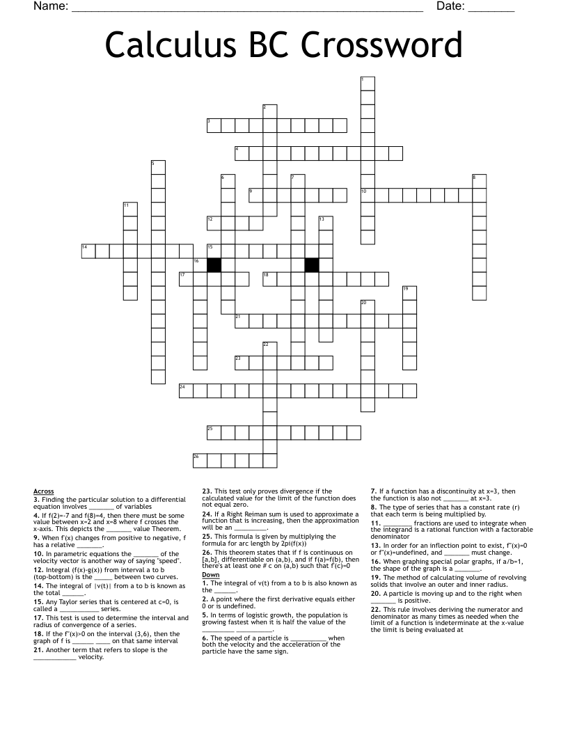 Calculus BC Crossword