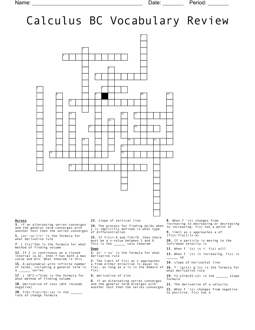 Calculus BC Vocabulary Review Crossword