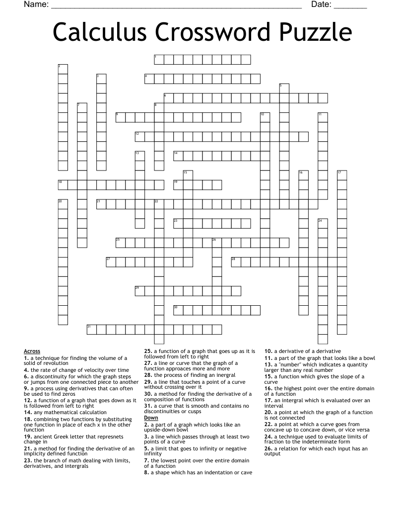 Calculus Crossword Puzzle