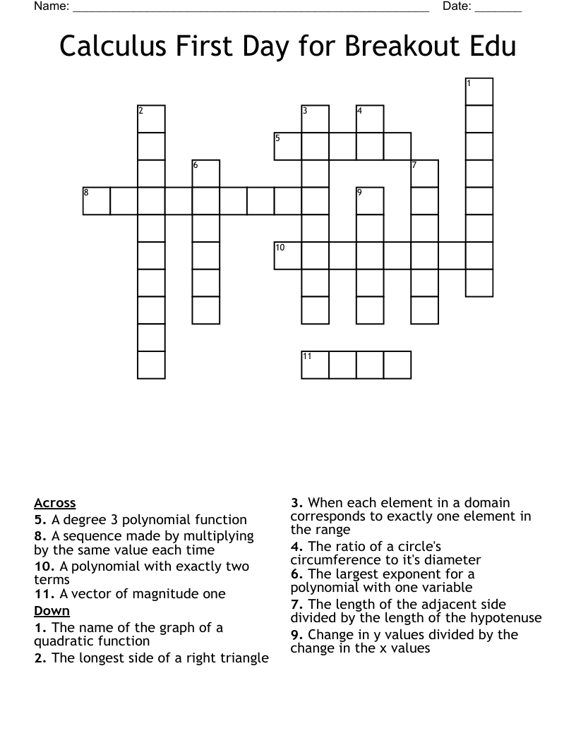 Calculus First Day for Breakout Edu Crossword