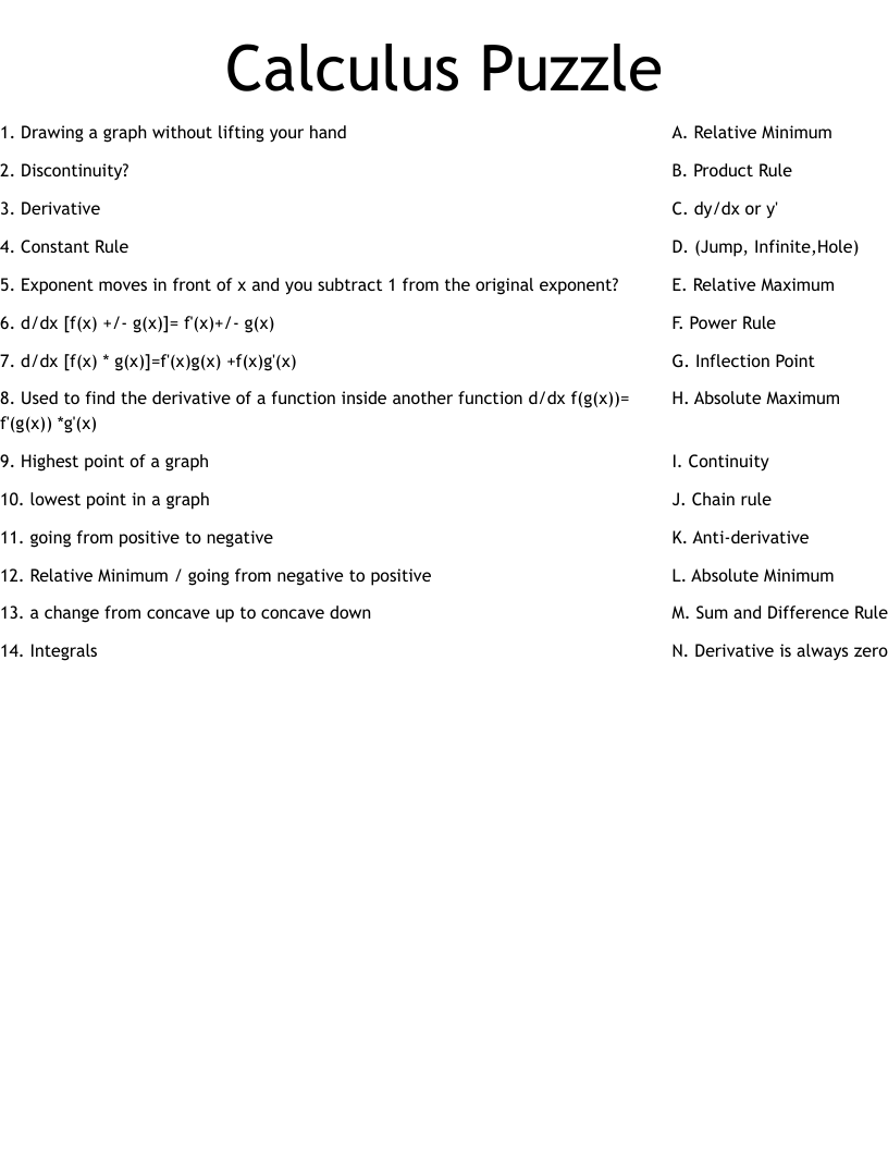 Calculus Puzzle Worksheet