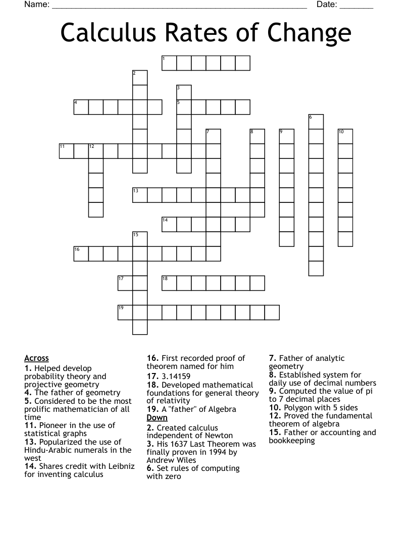 Calculus Rates of Change Crossword