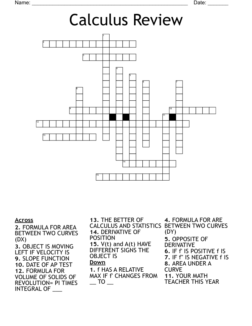 Calculus Review Crossword