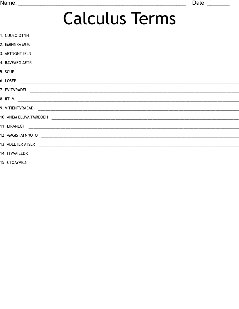 Calculus Terms  Word Scramble