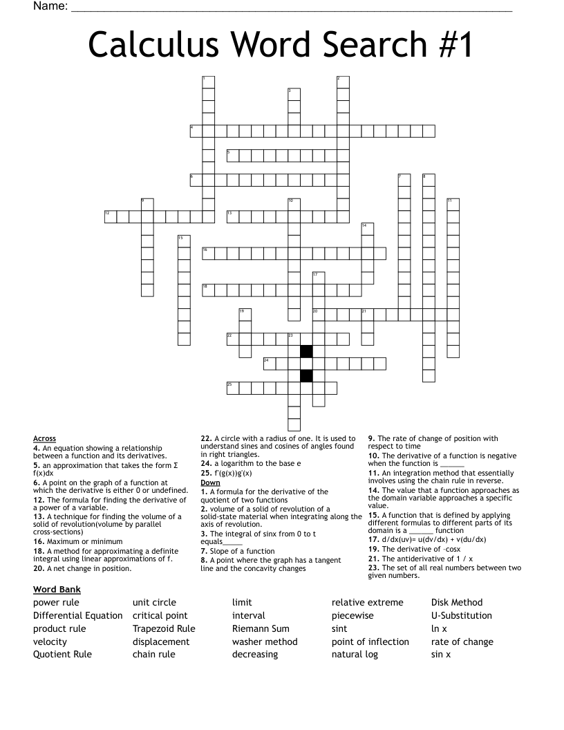 Calculus Word Search #1 Crossword
