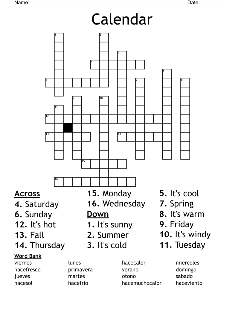 Calendar Crossword