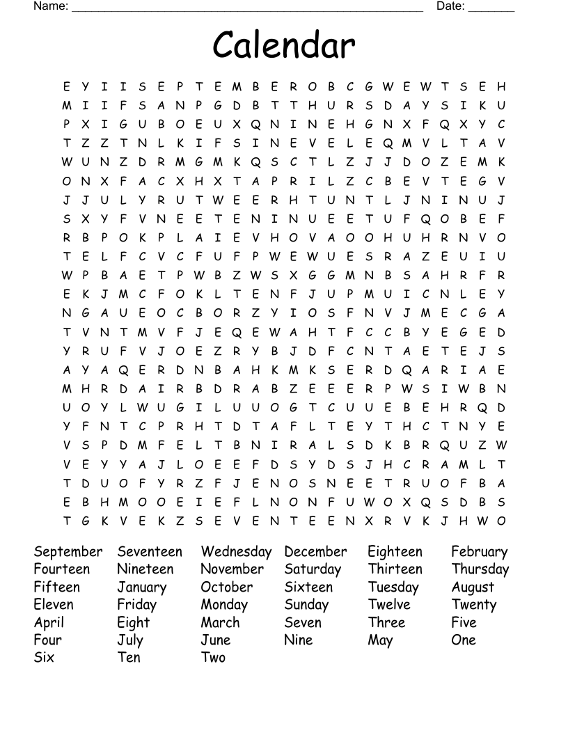 Calendar Word Search