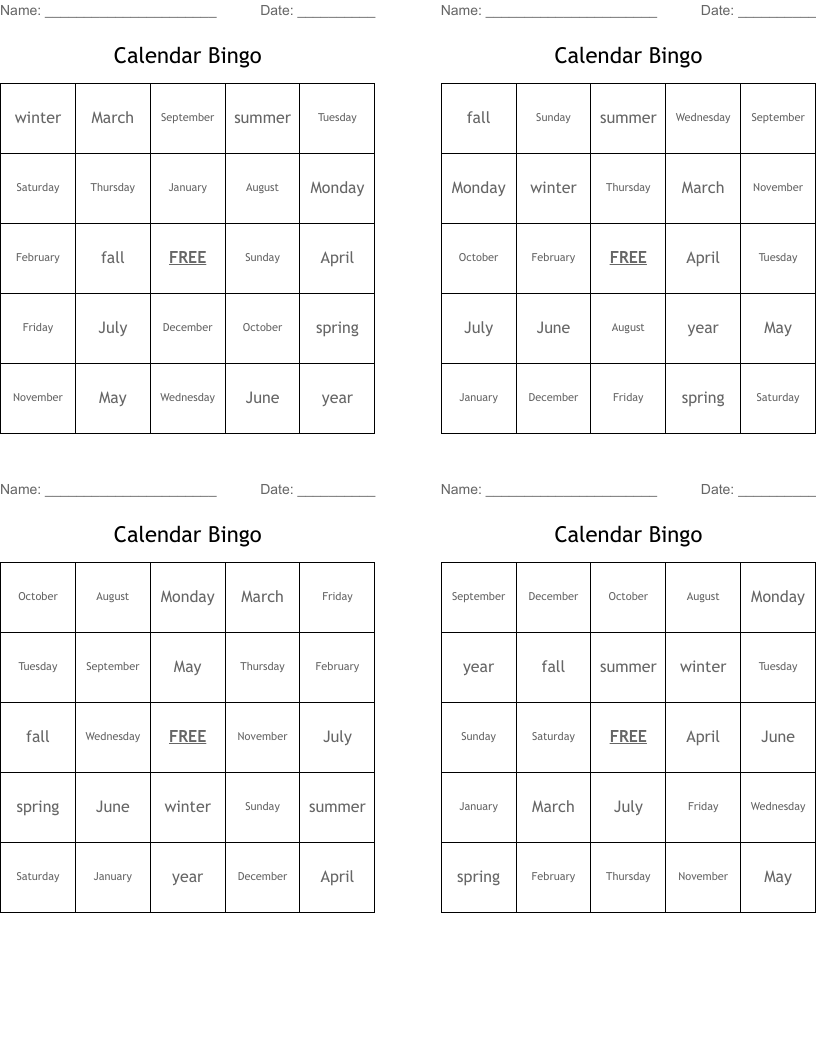Calendar Bingo 