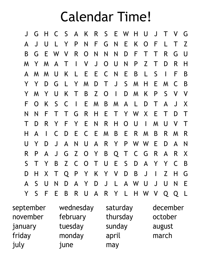 Calendar Time!  Word Search