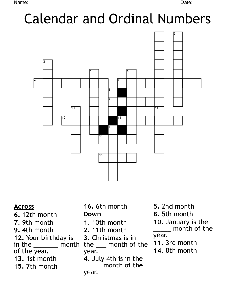 Calendar and Ordinal Numbers Crossword