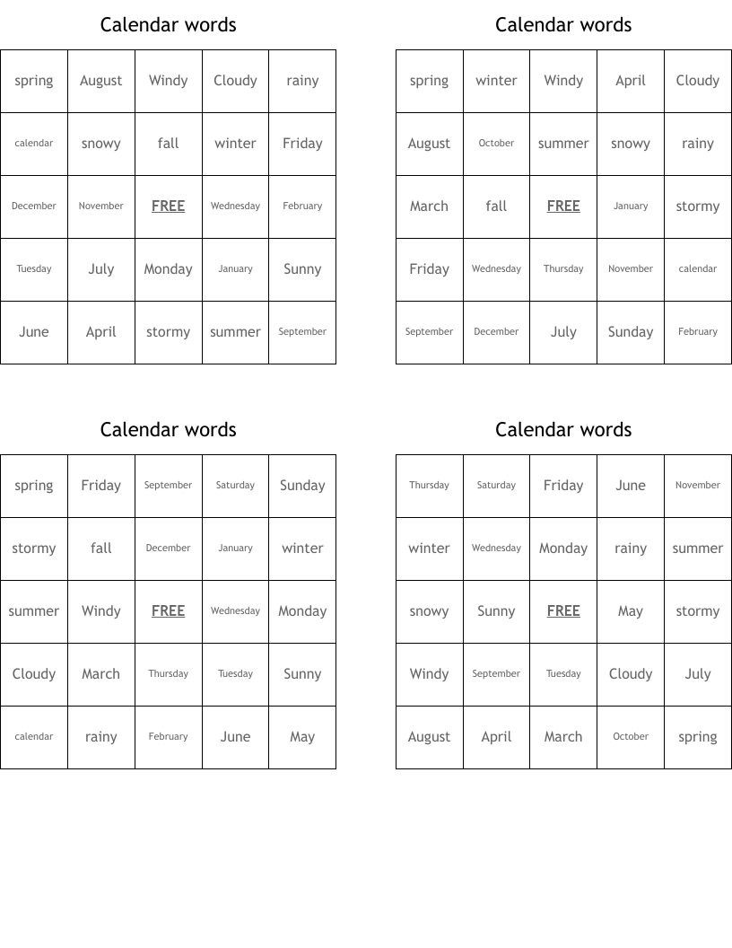 Calendar words Bingo Cards