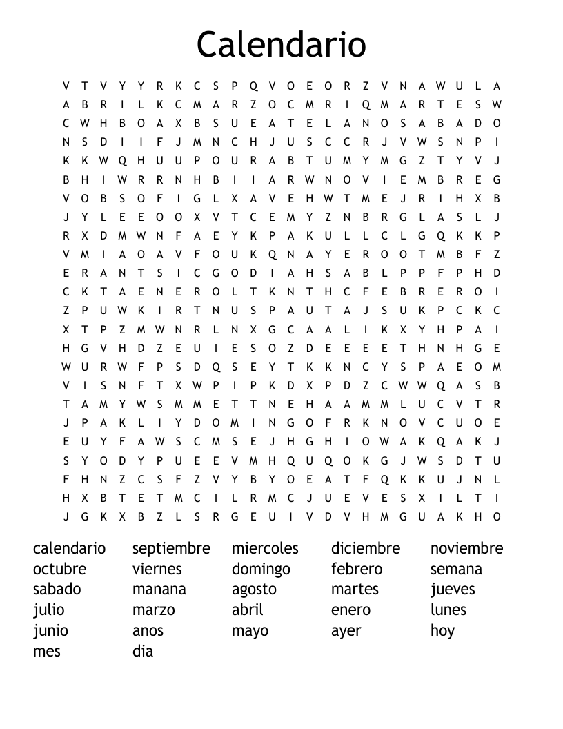Calendario Word Search