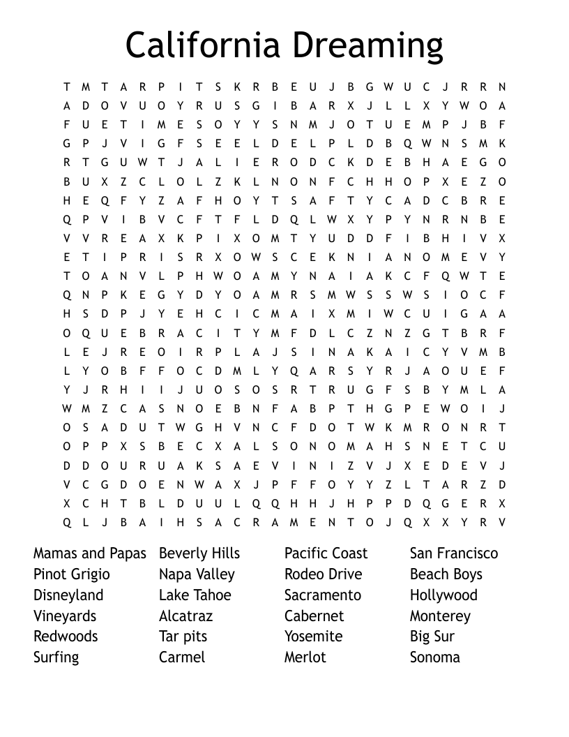 California Dreaming Word Search