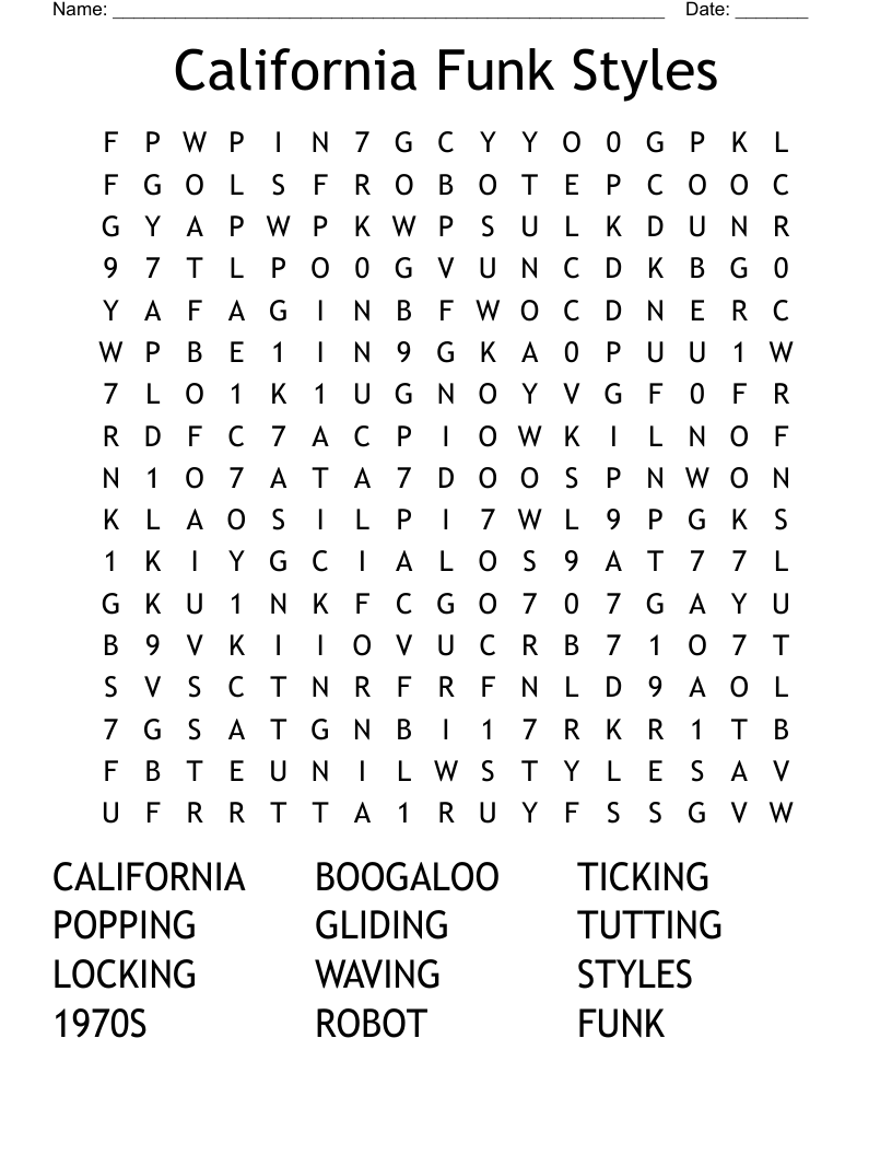 California Funk Styles Word Search