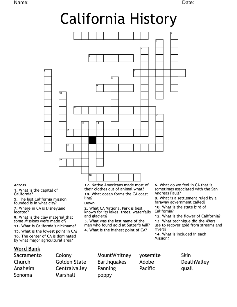 California History Crossword