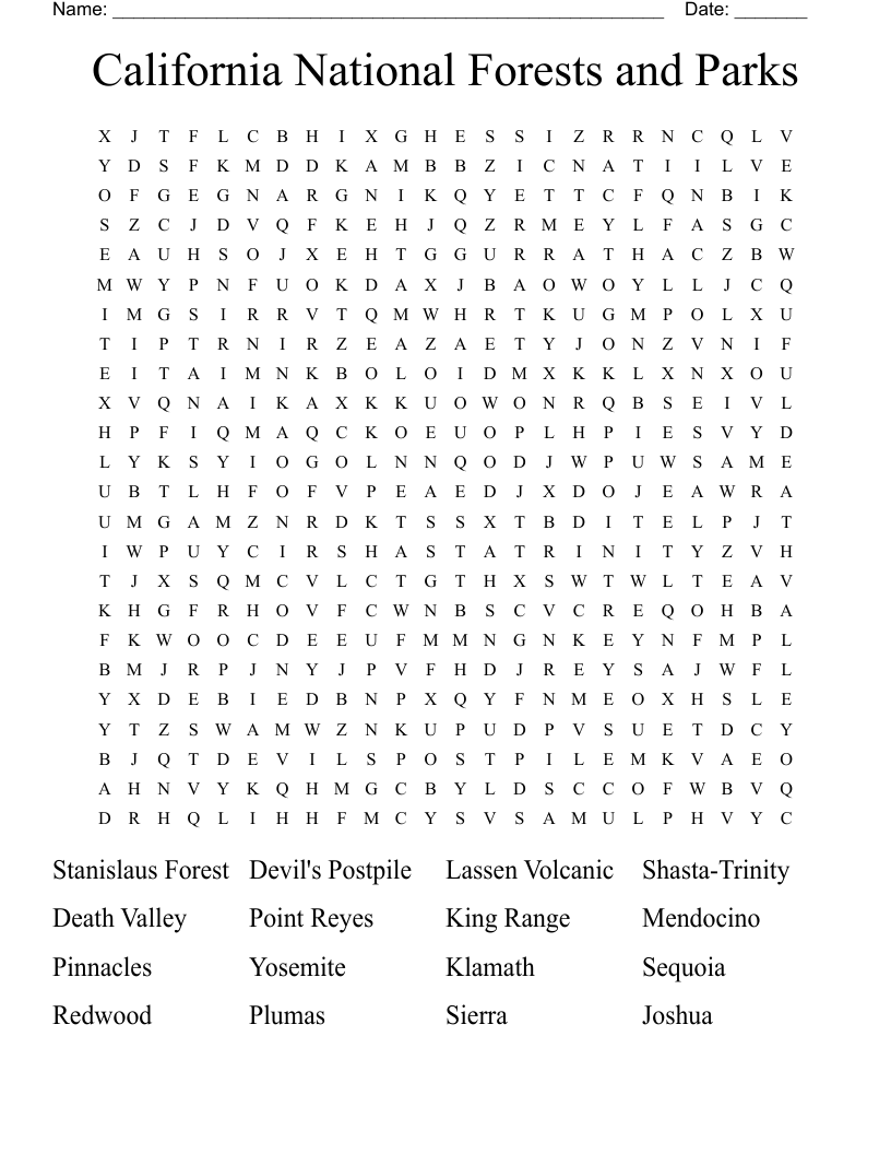 California National Forests and Parks Word Search