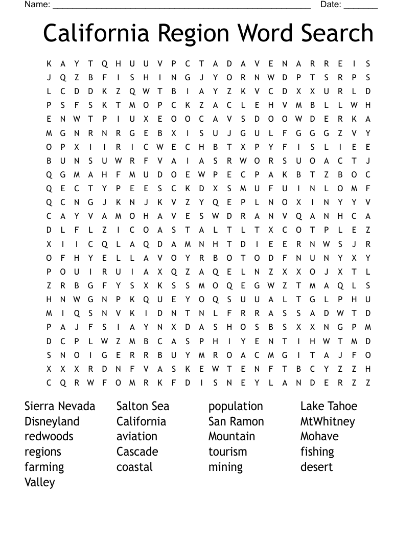 California Region Word Search