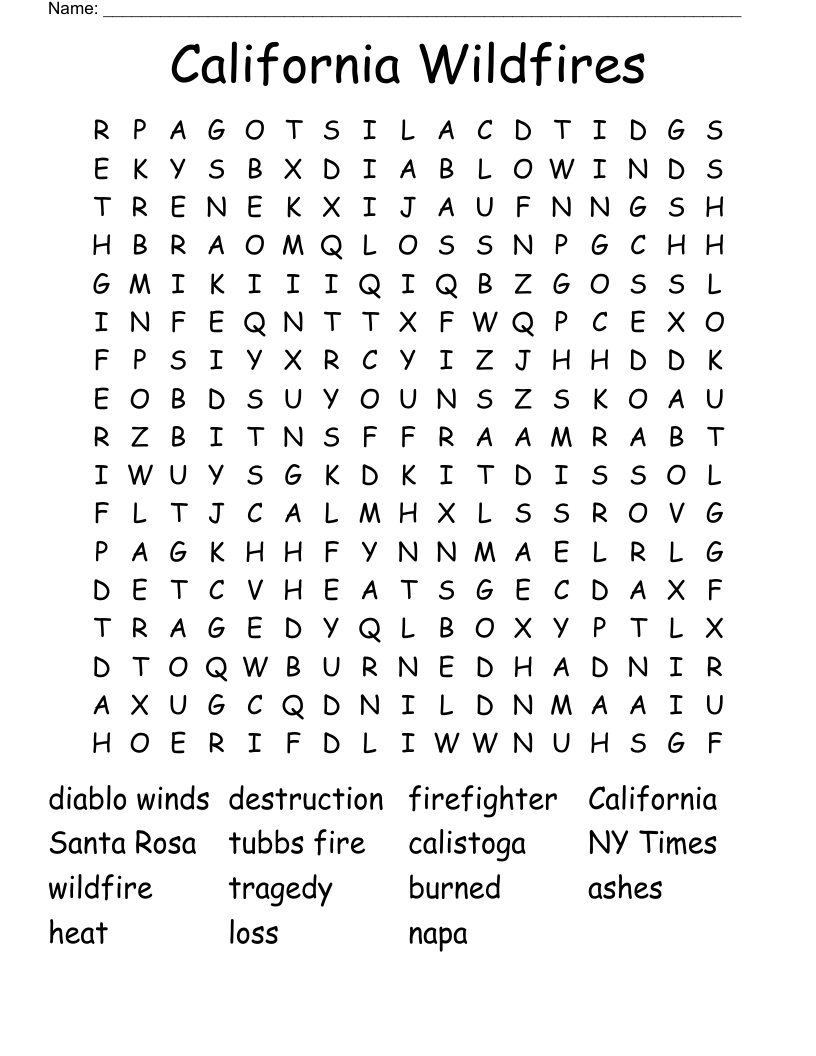 California Wildfires  Word Search