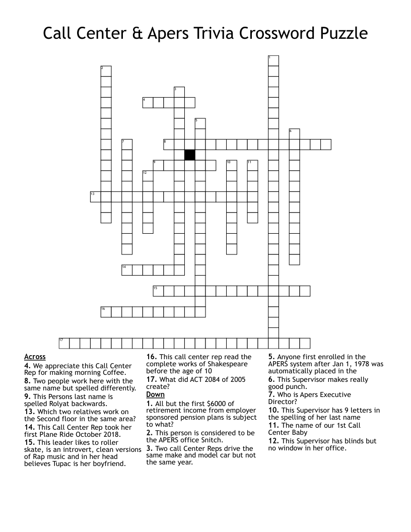 Call Center & Apers Trivia Crossword Puzzle