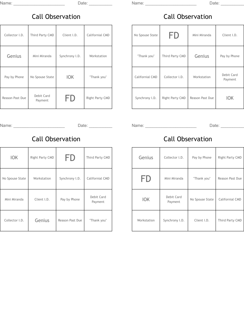 Call Observation Bingo Cards