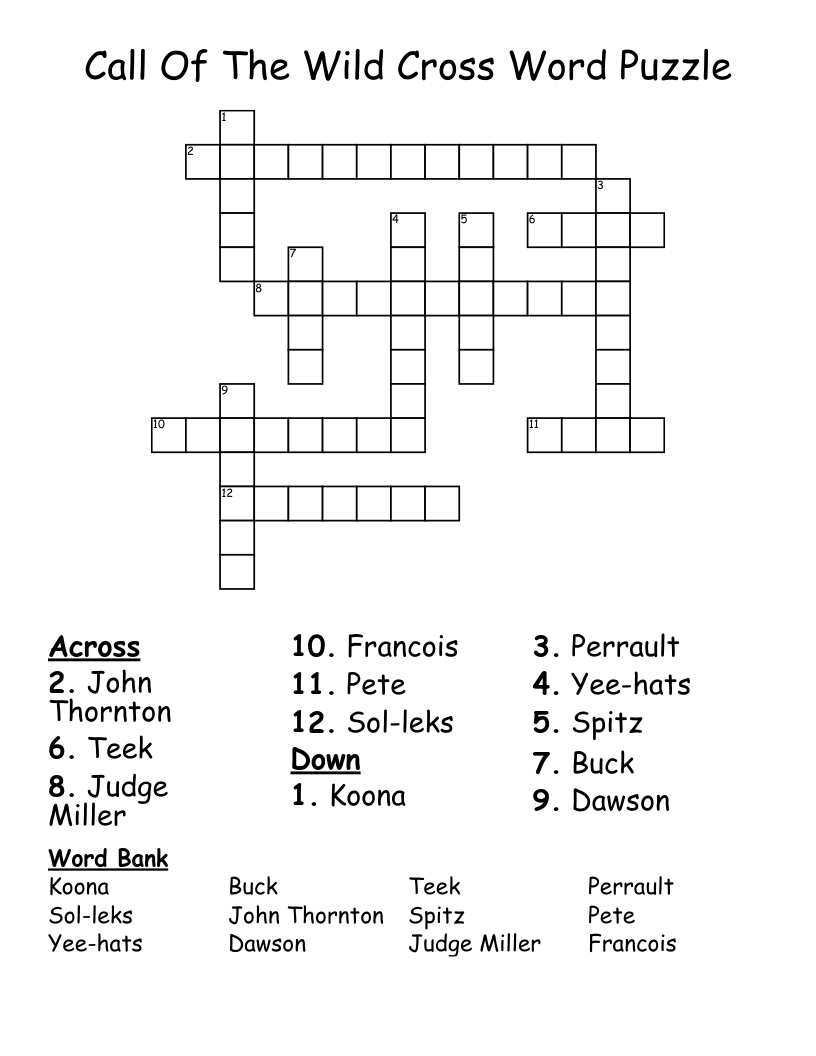 Call Of The Wild Cross Word Puzzle