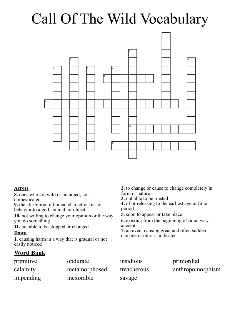 Call Of The Wild Vocabulary Crossword