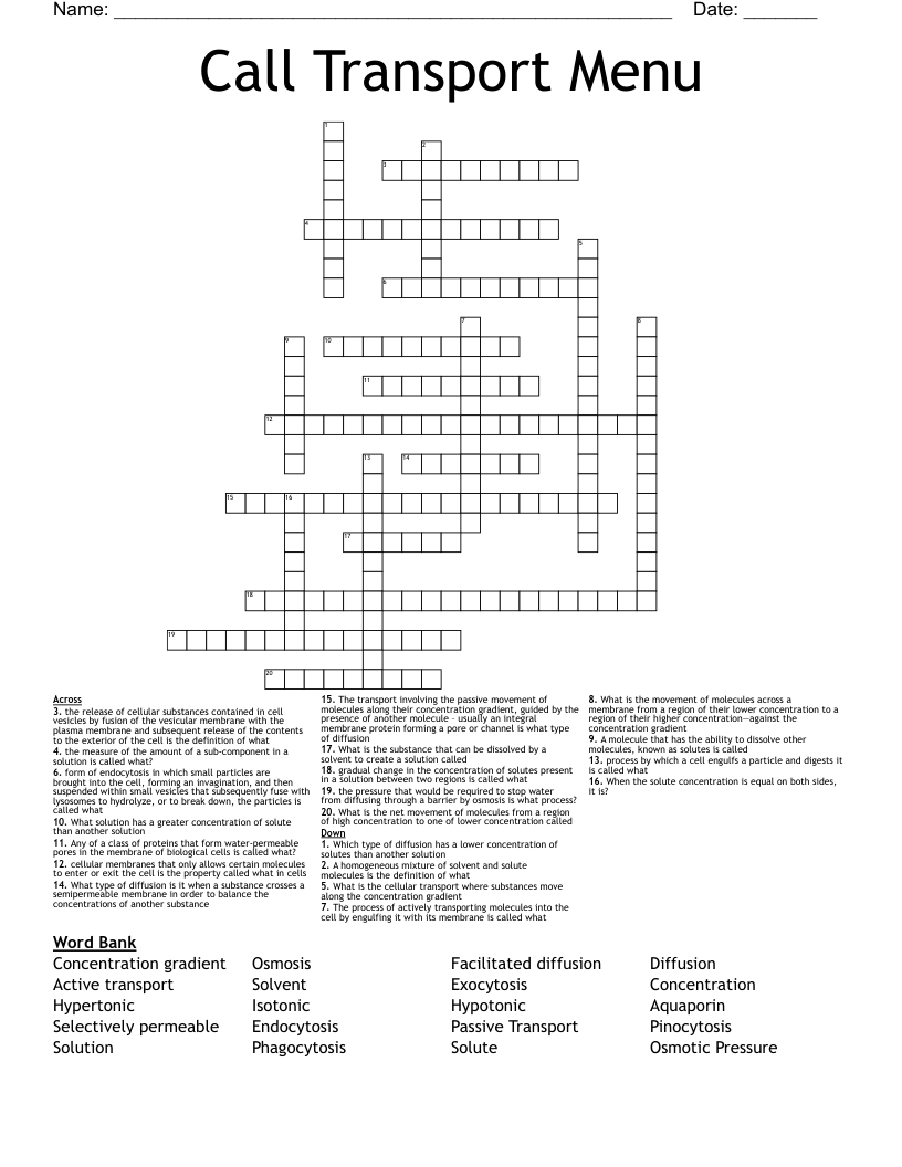 Call Transport Menu Crossword