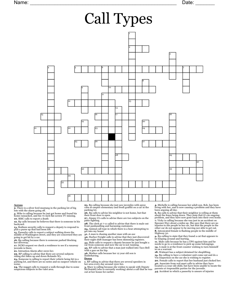 Call Types Crossword
