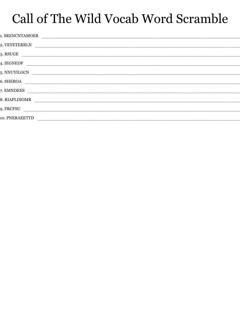 Call of The Wild Vocab Word Scramble