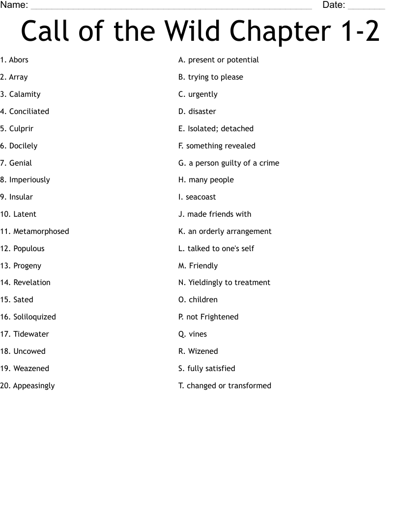Call of the Wild Chapter 1-2 Worksheet