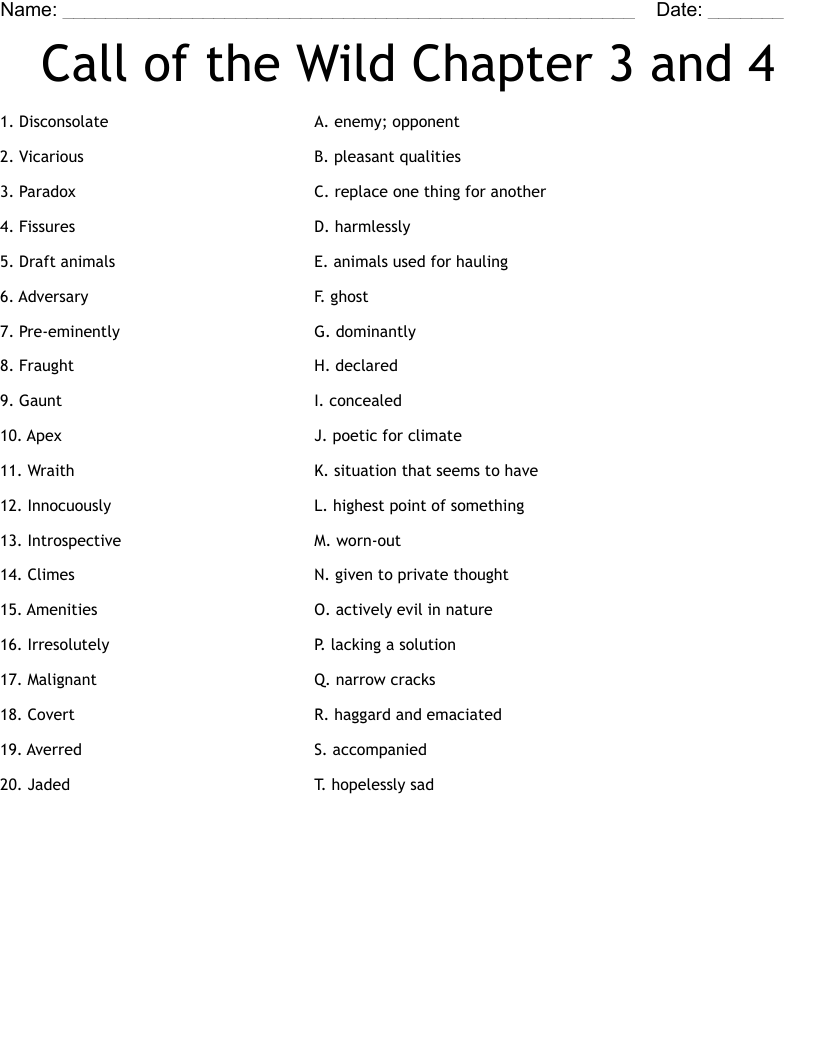 Call of the Wild Chapter 3 and 4 Worksheet