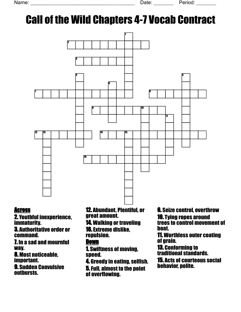 Call of the Wild Chapters 4-7 Vocab Contract  Crossword