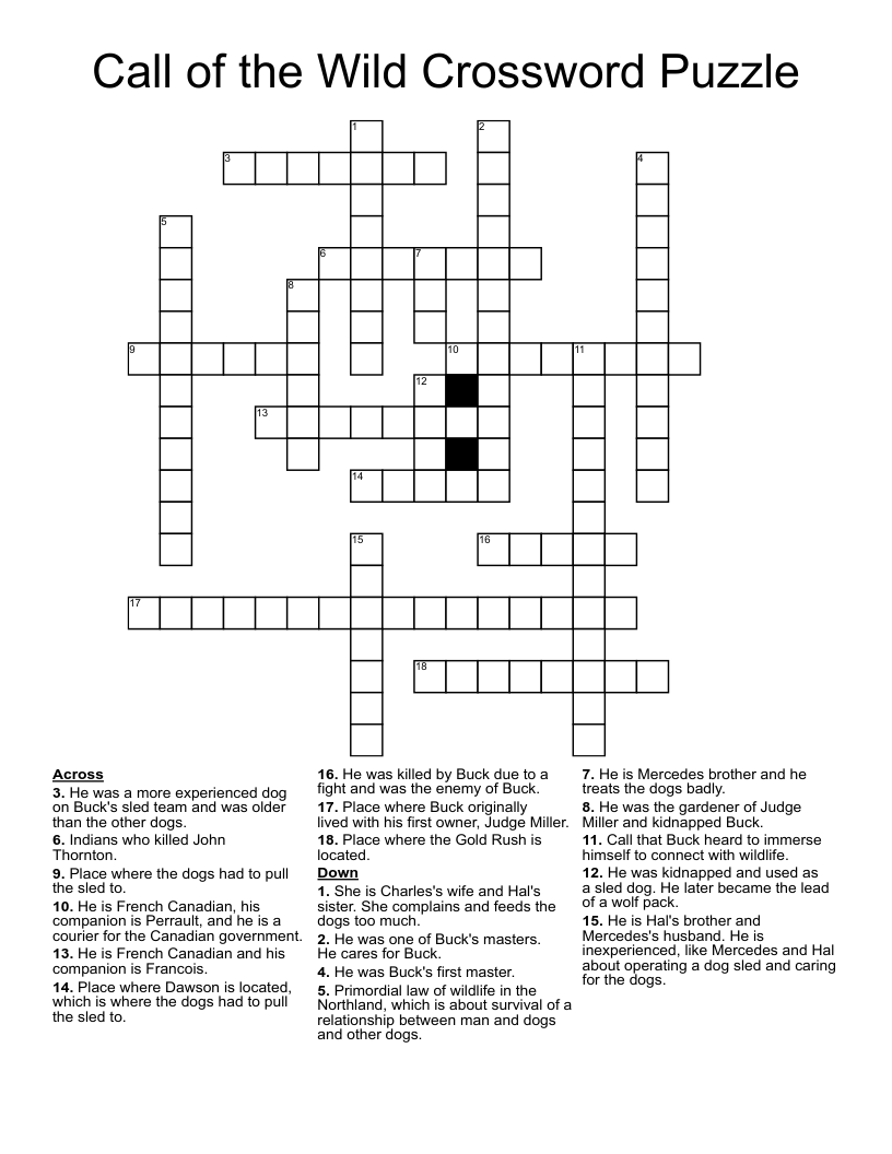Call of the Wild Crossword Puzzle