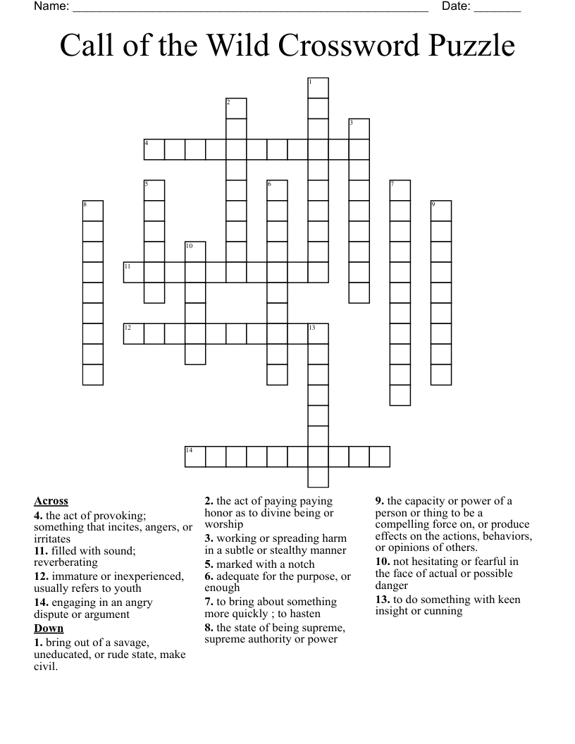 Call of the Wild Crossword Puzzle