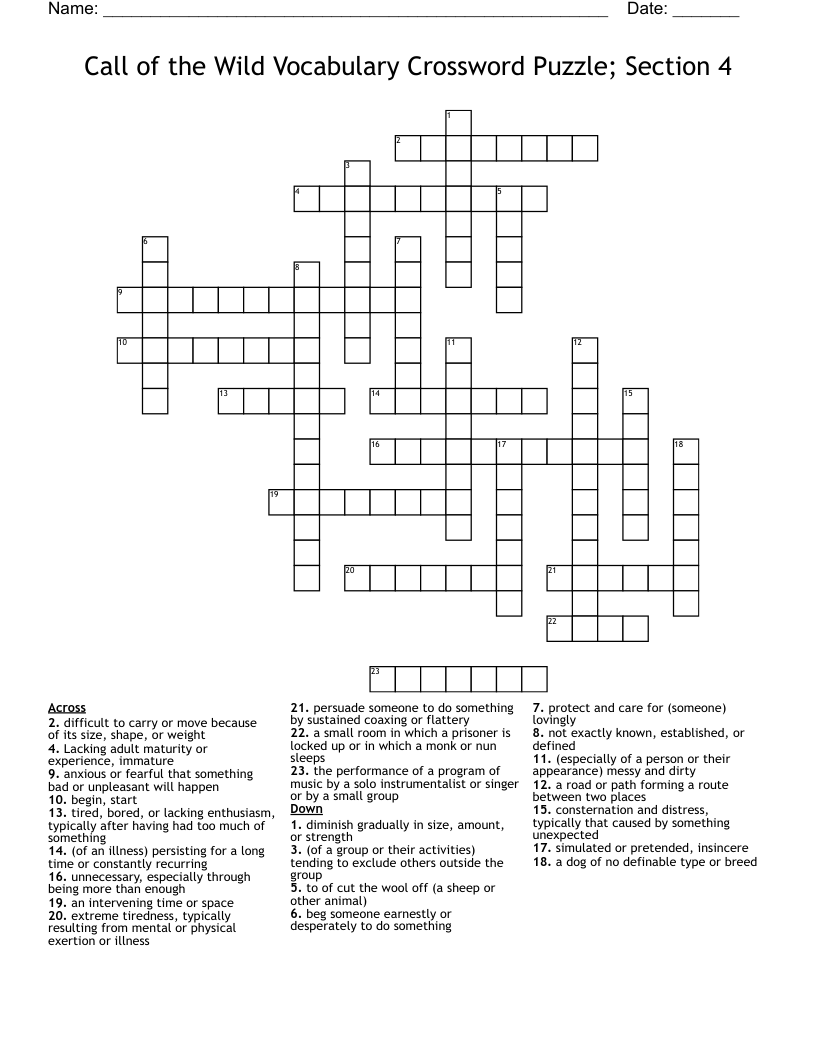 Call of the Wild Vocabulary Crossword Puzzle; Section 4