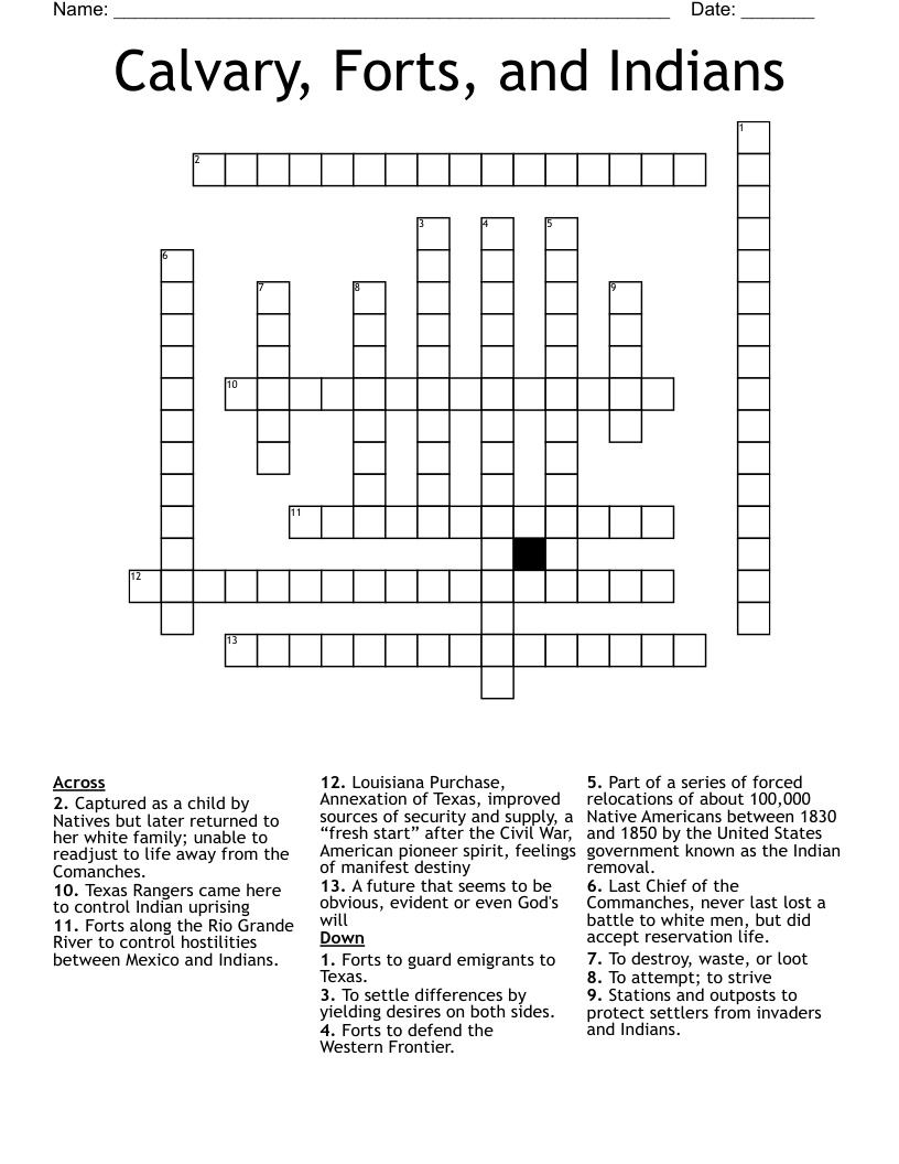 Calvary, Forts, and Indians Crossword