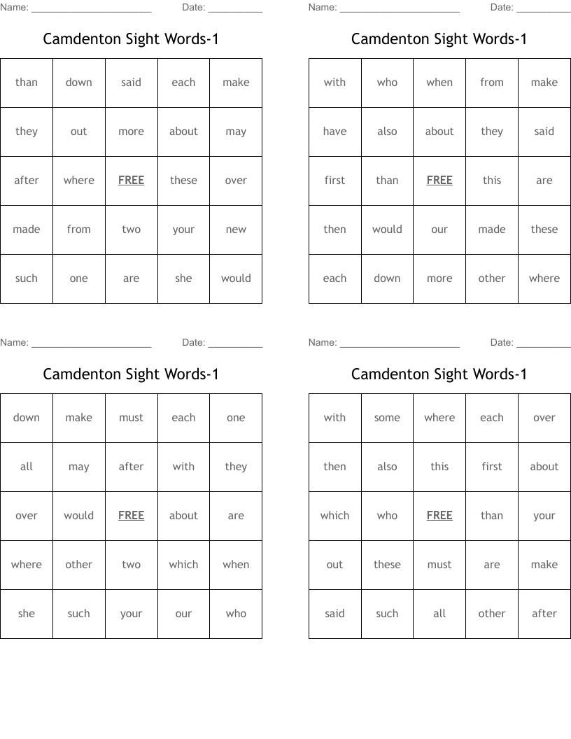 Camdenton Sight Words-1 Bingo Cards