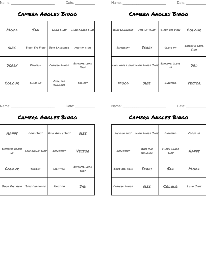 Camera Angles Bingo